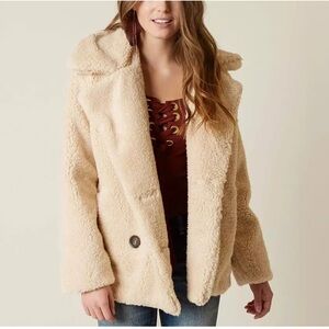 Free people peacoat lined double breasted Cream Teddy winter Coat medium